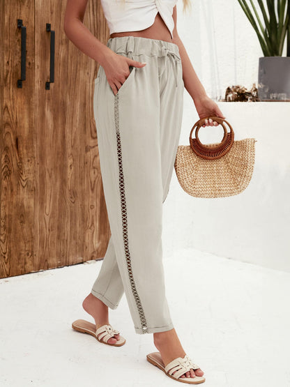 Puimentiua Women's Linen Capri Pants with Drawstring Petite Summer Beachwear Lightweight Elastic Waist Pants, Light Khaki, L