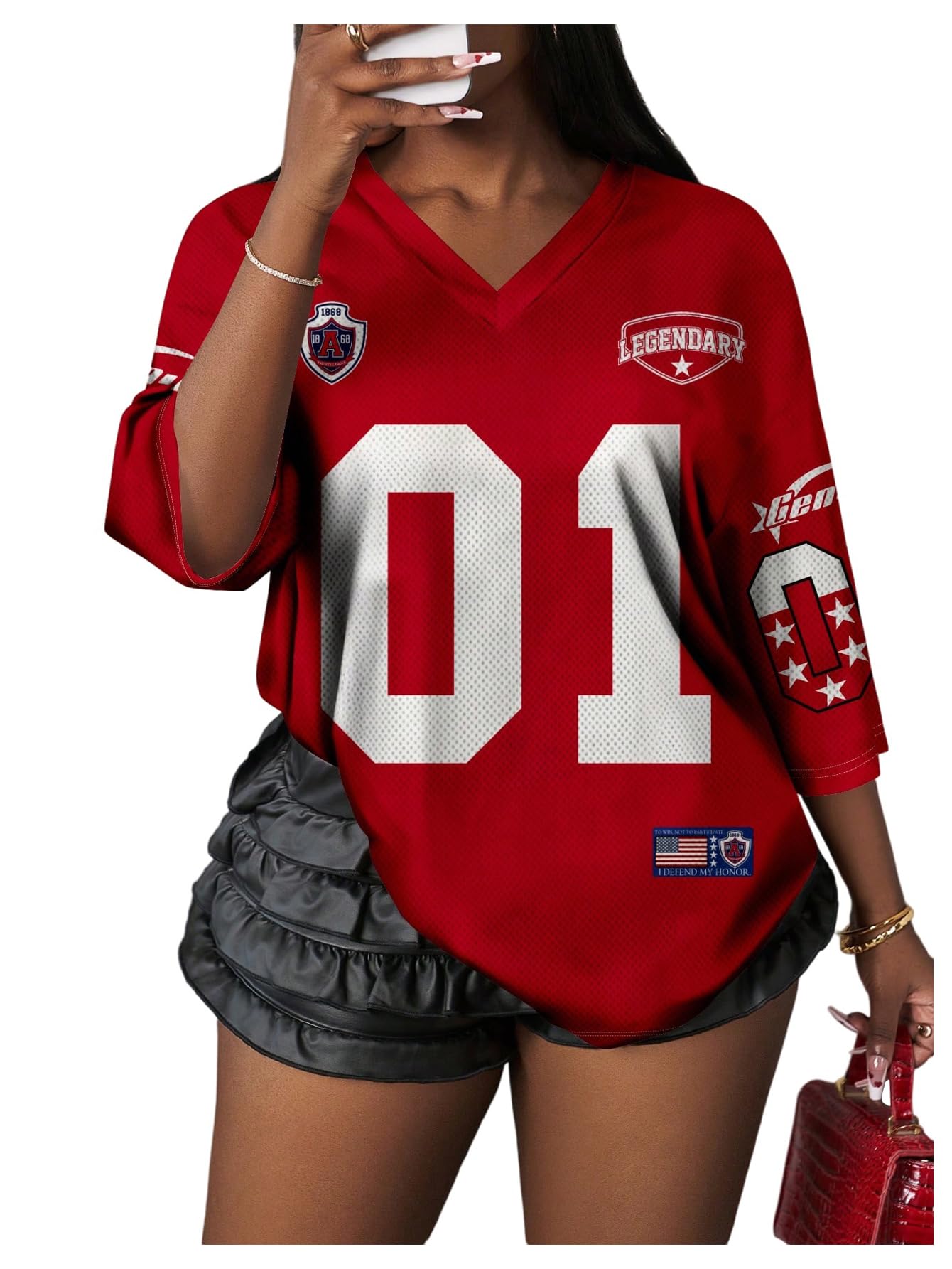 MakeMeChic Women's Jersey Shirts Number Graphic Oversized Y2K Tee Tops White Orange X-Small