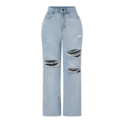 THUNDER STAR Womens High Waisted Wide Leg Jeans Stretchy Distressed Denim Pants Light Blue XXL