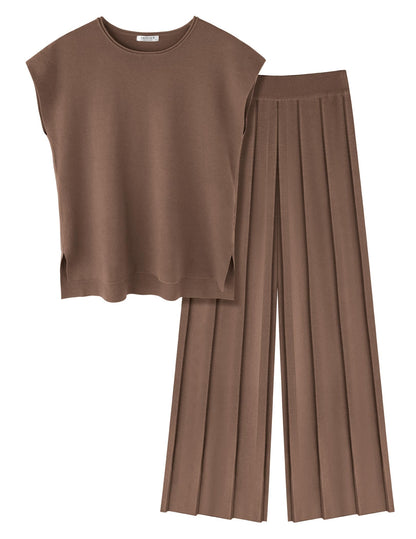 Ekouaer Lounge Sets for Women Two Piece Outfits Knit Cap Sleeve Tops Wide Leg Pleated Pants Casual Dressy Sweater Sets Beige