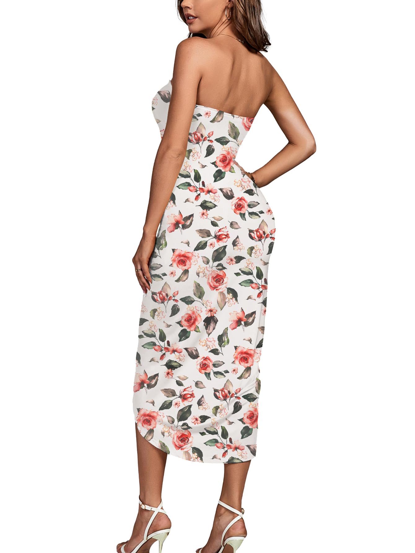 Umenlele Women's Strapless Ruched High Waist Wrap Split Asymmetrical Beach Maxi Long Dress White Floral#3 Small