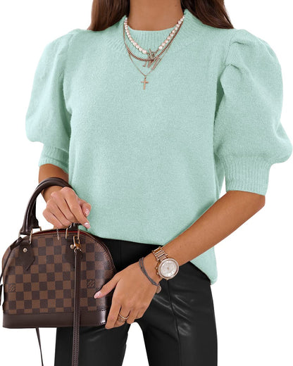 Women's Puff Short Sleeve Sweater Tops 2025 Spring Summer Trendy Crew Neck Casual T Shirts Blouses Beige