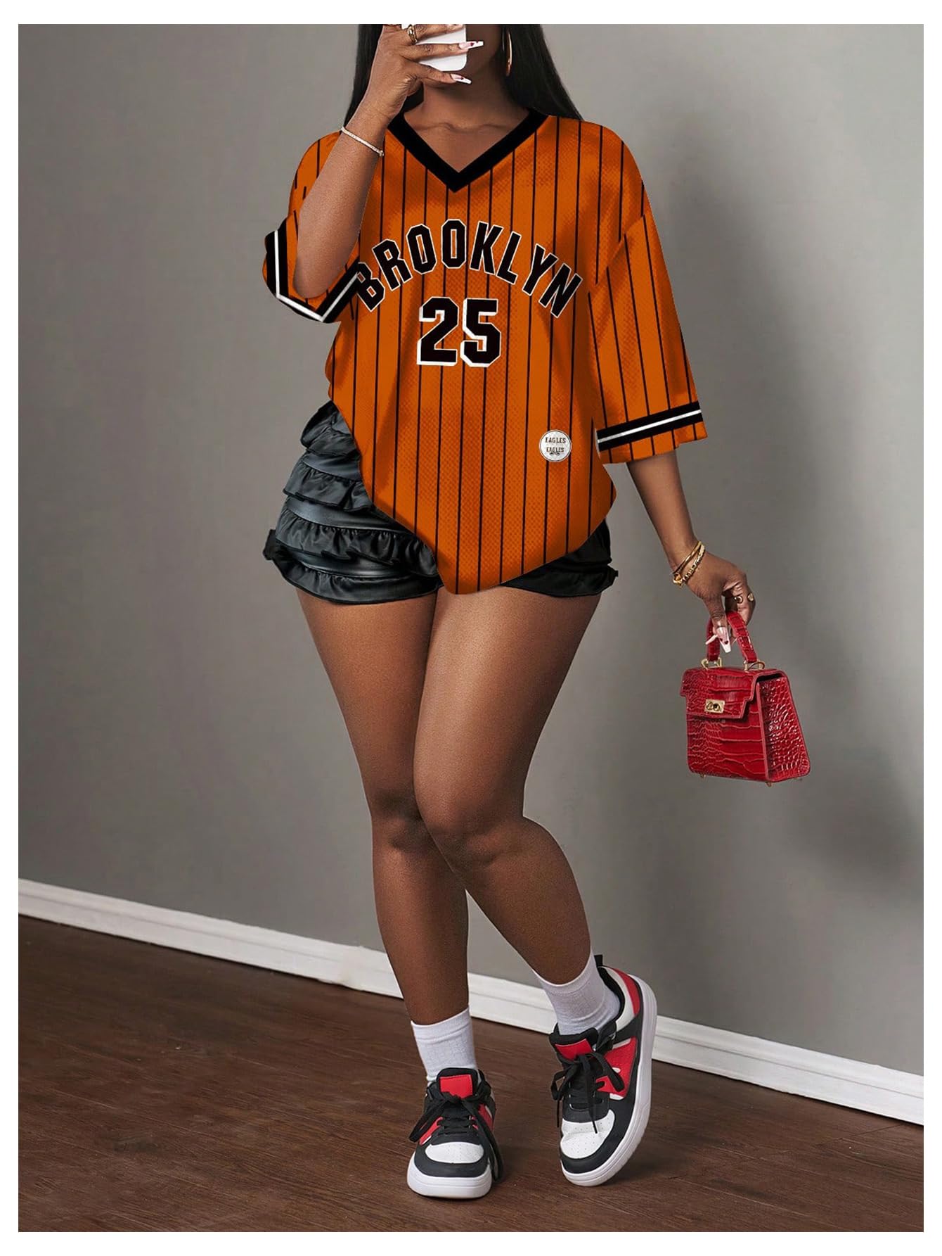 MakeMeChic Women's Jersey Shirts Number Graphic Oversized Y2K Tee Tops White Orange X-Small