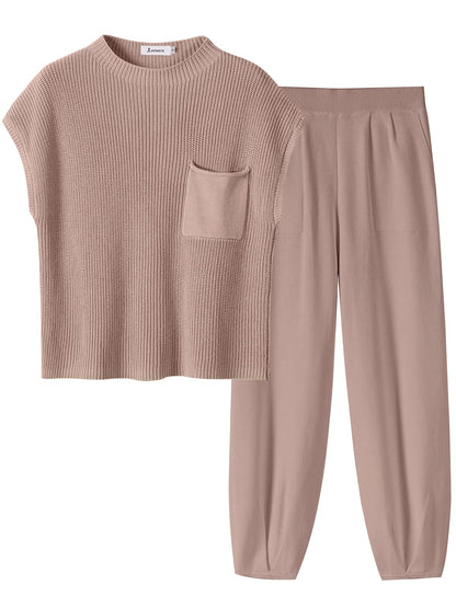 ANRABESS Women's Two Piece Outfits Knit Sweater Vest Crop Top Pants Lounge Matching Tracksuit Sweatsuit Travel Clothes Sets Pink X-Small