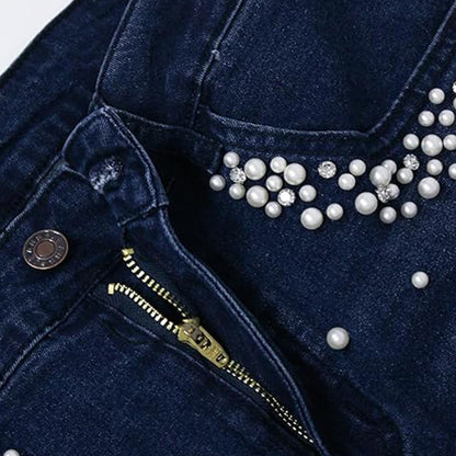 Cyparel Women's Rhinestone Jeans High Waist Pearls Beaded Fringe Tassels Frayed Butt Lifting Stretch Skinny Denim Pants Light Blue