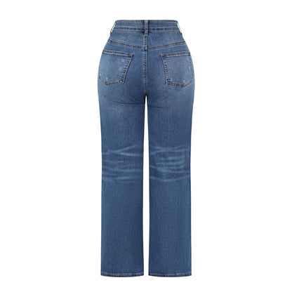 THUNDER STAR Womens High Waisted Wide Leg Jeans Stretchy Distressed Denim Pants Light Blue XXL