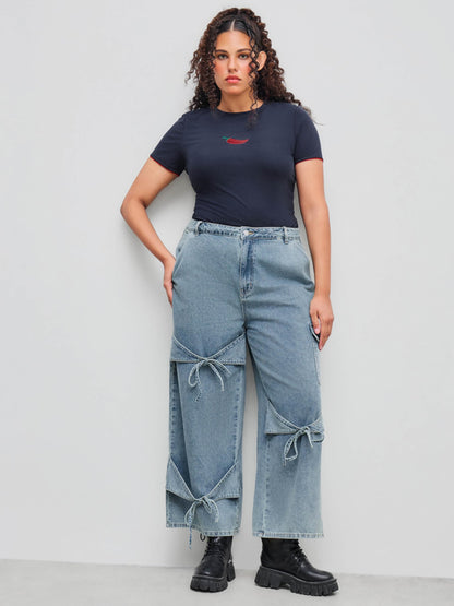 CIDER Baggy Jeans for Women Low Waisted Wide Straight Leg Bow Jeans Denim Pants Beige
