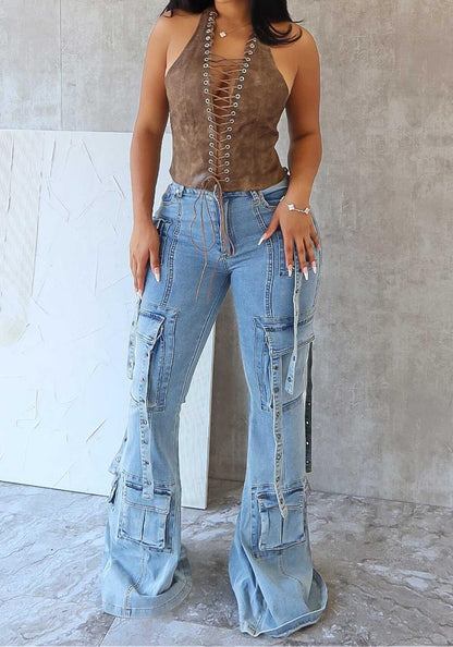 Vakkest Sexy High Waisted Skinny Jeans for Women Bodycon Crossover Stretchy Denim Cargo Pants Streetwear with Pockets