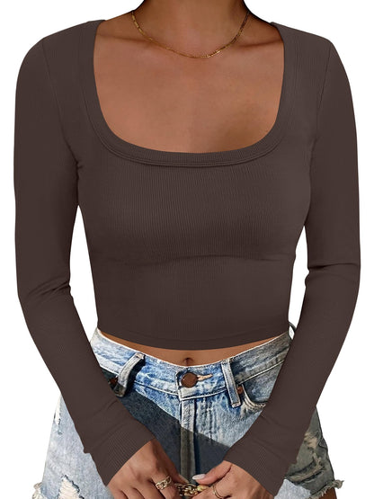 ANRABESS Women's Long Sleeve Crop Top Square Neck Ribbed Slim Fitted Shirts Casual Workout Basic Tees 2025 Fall Y2k Clothes Khaki Small