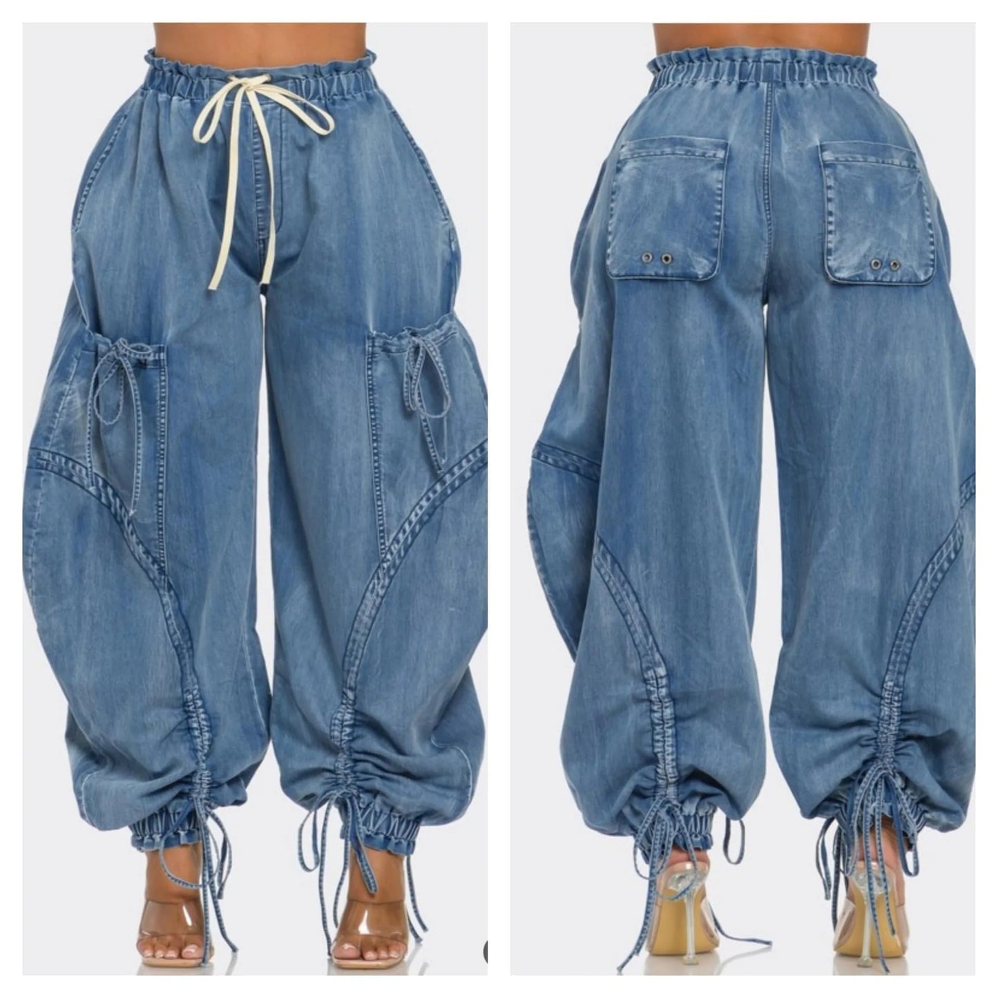 Unybwonn Women Baggy Barrel Jeans High Waisted Y2k Drawstring Bow Tie Cargo Jean Retro Wide Leg Ankle Denim Joggers