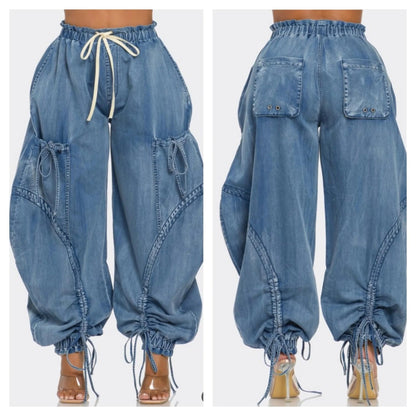 Unybwonn Women Baggy Barrel Jeans High Waisted Y2k Drawstring Bow Tie Cargo Jean Retro Wide Leg Ankle Denim Joggers