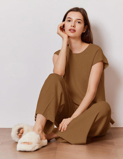 Ekouaer Lounge Sets for Women Two Piece Outfits Knit Cap Sleeve Tops Wide Leg Pleated Pants Casual Dressy Sweater Sets Beige