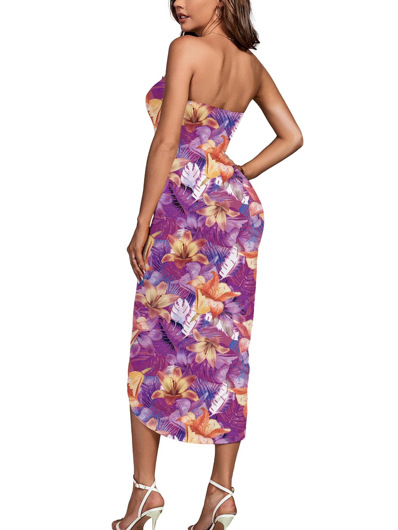 Umenlele Women's Strapless Ruched High Waist Wrap Split Asymmetrical Beach Maxi Long Dress White Floral#3 Small