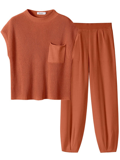 ANRABESS Women's Two Piece Outfits Knit Sweater Vest Crop Top Pants Lounge Matching Tracksuit Sweatsuit Travel Clothes Sets Pink X-Small