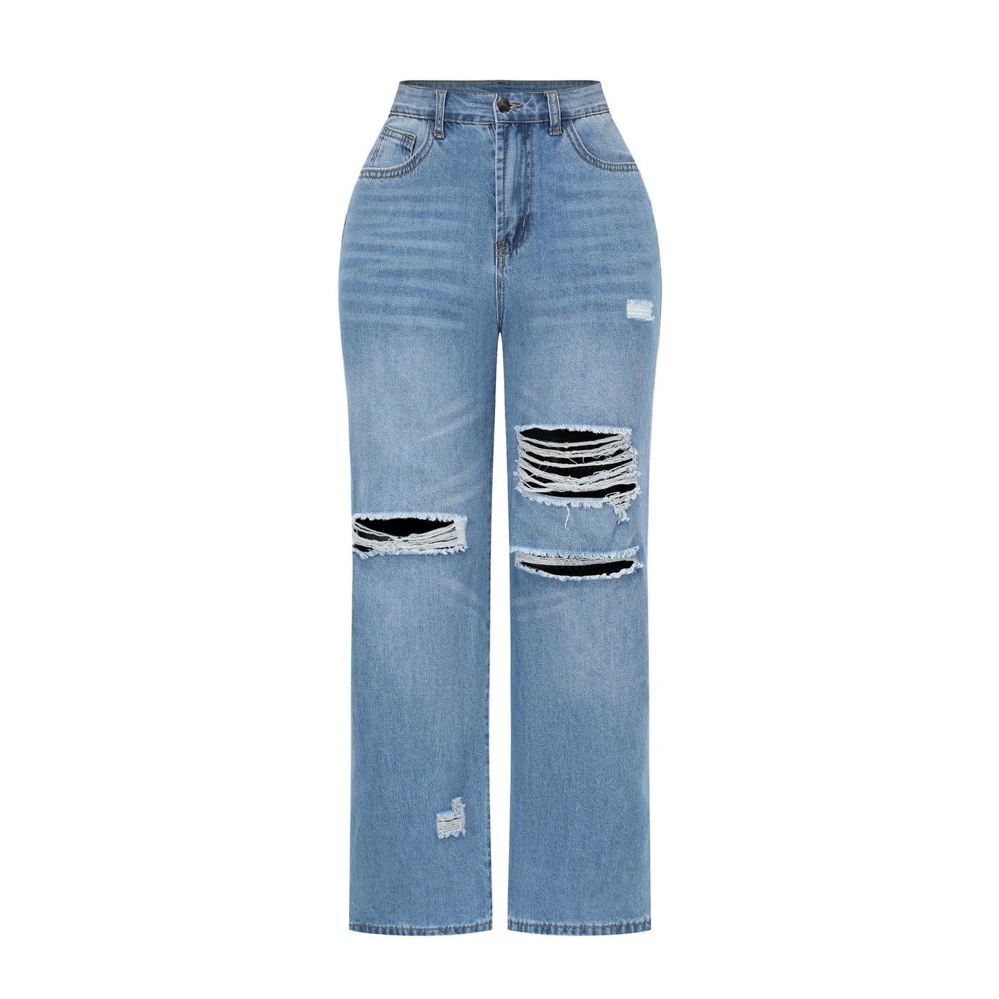 THUNDER STAR Womens High Waisted Wide Leg Jeans Stretchy Distressed Denim Pants Light Blue XXL