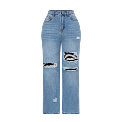 THUNDER STAR Womens High Waisted Wide Leg Jeans Stretchy Distressed Denim Pants Light Blue XXL