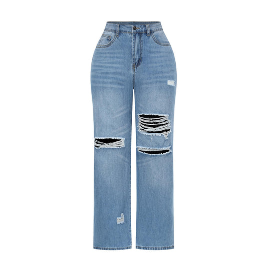 THUNDER STAR Womens High Waisted Wide Leg Jeans Stretchy Distressed Denim Pants Light Blue XXL