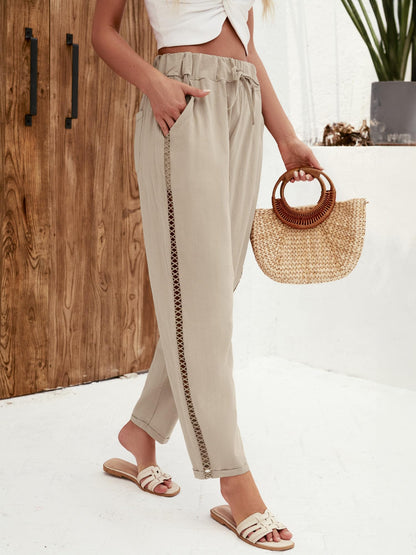 Puimentiua Women's Linen Capri Pants with Drawstring Petite Summer Beachwear Lightweight Elastic Waist Pants, Light Khaki, L