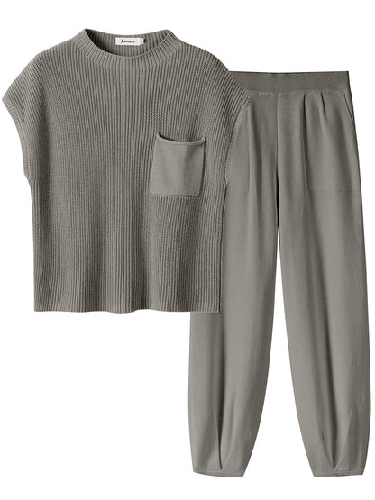 ANRABESS Women's Two Piece Outfits Knit Sweater Vest Crop Top Pants Lounge Matching Tracksuit Sweatsuit Travel Clothes Sets Pink X-Small