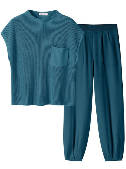 ANRABESS Women's Two Piece Outfits Knit Sweater Vest Crop Top Pants Lounge Matching Tracksuit Sweatsuit Travel Clothes Sets Pink X-Small