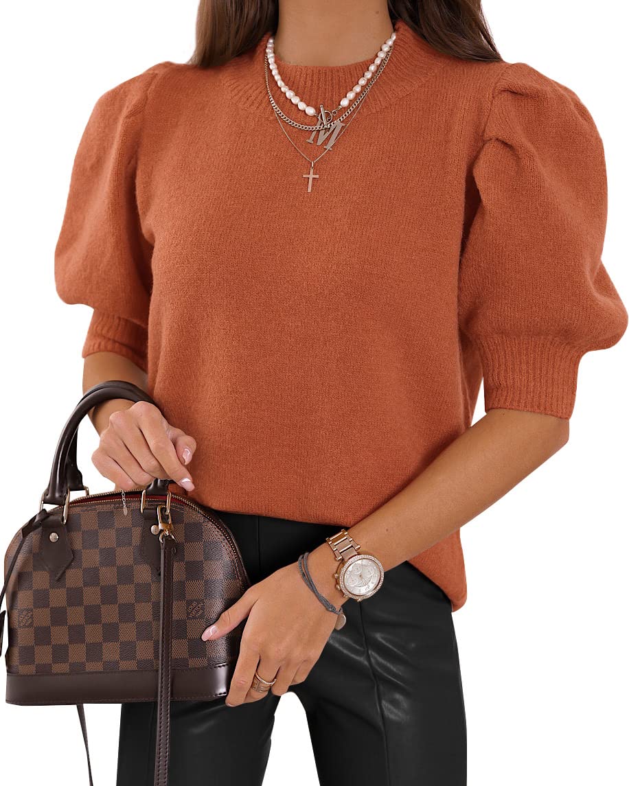 Women's Puff Short Sleeve Sweater Tops 2025 Spring Summer Trendy Crew Neck Casual T Shirts Blouses Beige