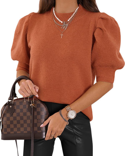 Women's Puff Short Sleeve Sweater Tops 2025 Spring Summer Trendy Crew Neck Casual T Shirts Blouses Beige