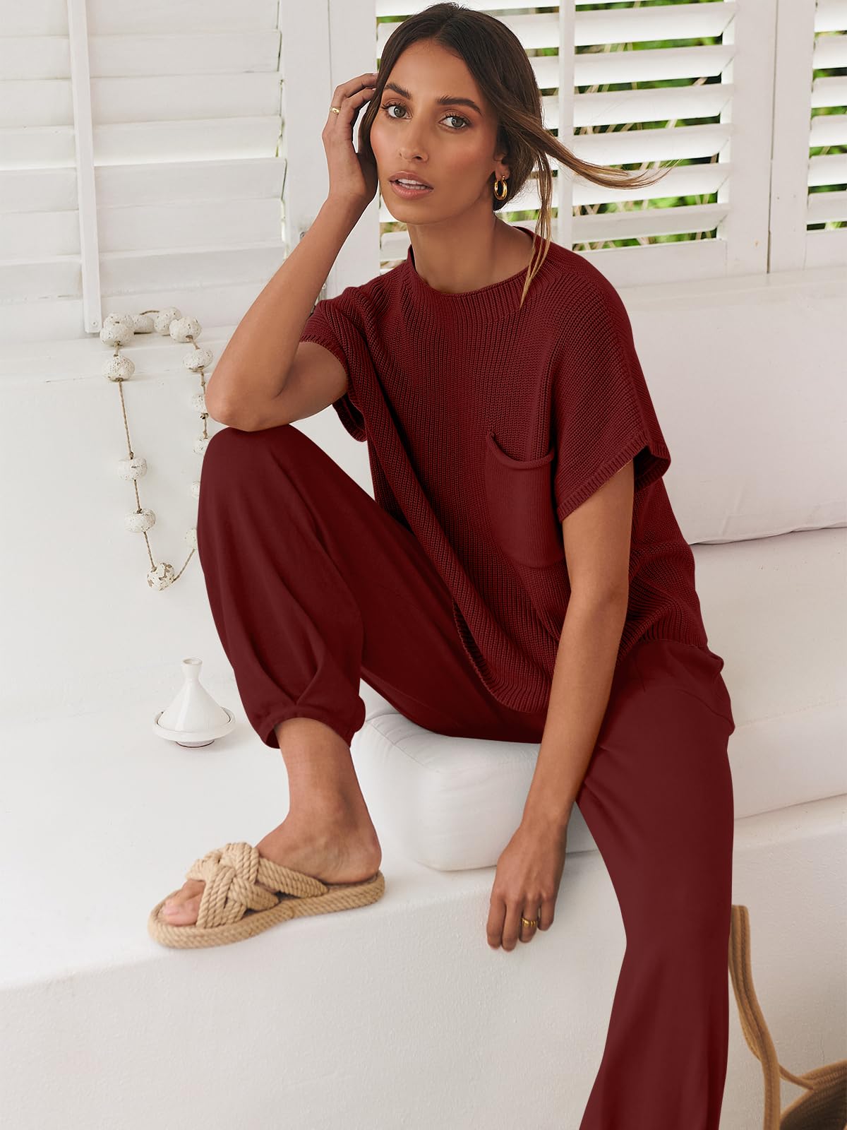 ANRABESS Women's Two Piece Outfits Knit Sweater Vest Crop Top Pants Lounge Matching Tracksuit Sweatsuit Travel Clothes Sets Pink X-Small