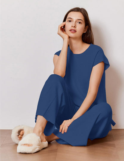 Ekouaer Lounge Sets for Women Two Piece Outfits Knit Cap Sleeve Tops Wide Leg Pleated Pants Casual Dressy Sweater Sets Beige