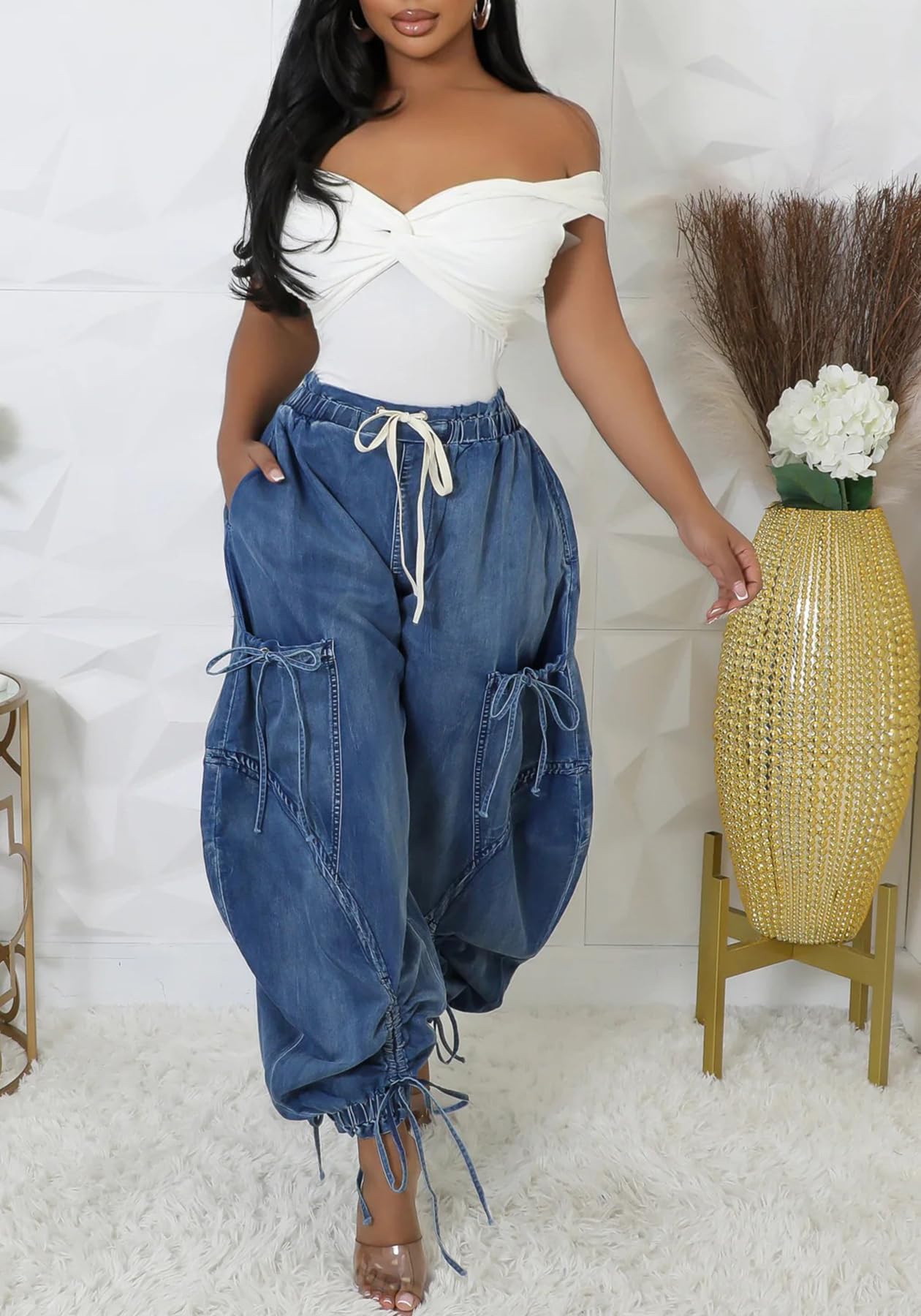 Unybwonn Women Baggy Barrel Jeans High Waisted Y2k Drawstring Bow Tie Cargo Jean Retro Wide Leg Ankle Denim Joggers