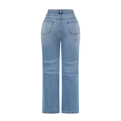 THUNDER STAR Womens High Waisted Wide Leg Jeans Stretchy Distressed Denim Pants Light Blue XXL