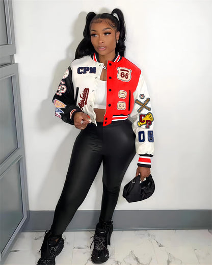 Glitrandi Varsity Jacket for Women Jacket with Patches Cropped Bomber Leather Jacket Woman Winter Spring 2025 S-XXL