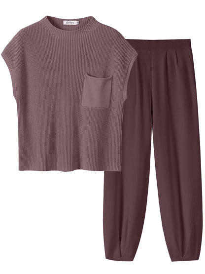 ANRABESS Women's Two Piece Outfits Knit Sweater Vest Crop Top Pants Lounge Matching Tracksuit Sweatsuit Travel Clothes Sets Pink X-Small