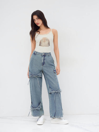 CIDER Baggy Jeans for Women Low Waisted Wide Straight Leg Bow Jeans Denim Pants Beige