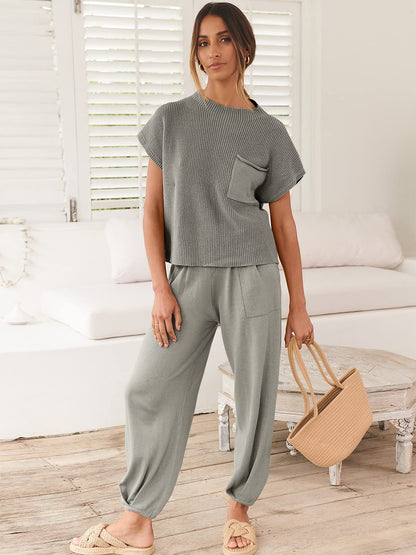 ANRABESS Women's Two Piece Outfits Knit Sweater Vest Crop Top Pants Lounge Matching Tracksuit Sweatsuit Travel Clothes Sets Pink X-Small