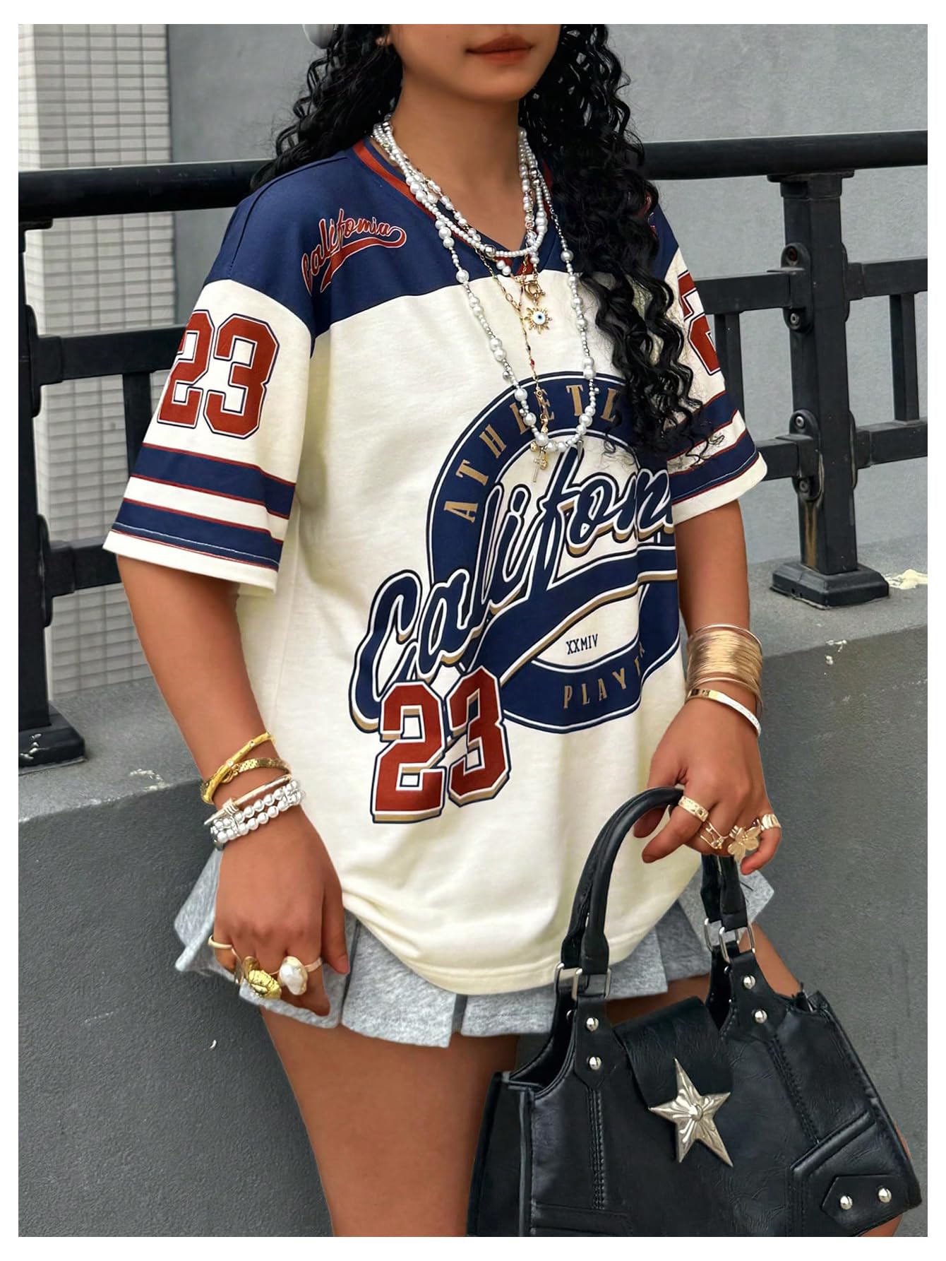 MakeMeChic Women's Jersey Shirts Number Graphic Oversized Y2K Tee Tops White Orange X-Small