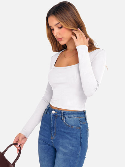 ANRABESS Women's Long Sleeve Crop Top Square Neck Ribbed Slim Fitted Shirts Casual Workout Basic Tees 2025 Fall Y2k Clothes Khaki Small