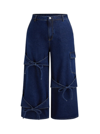 CIDER Baggy Jeans for Women Low Waisted Wide Straight Leg Bow Jeans Denim Pants Beige