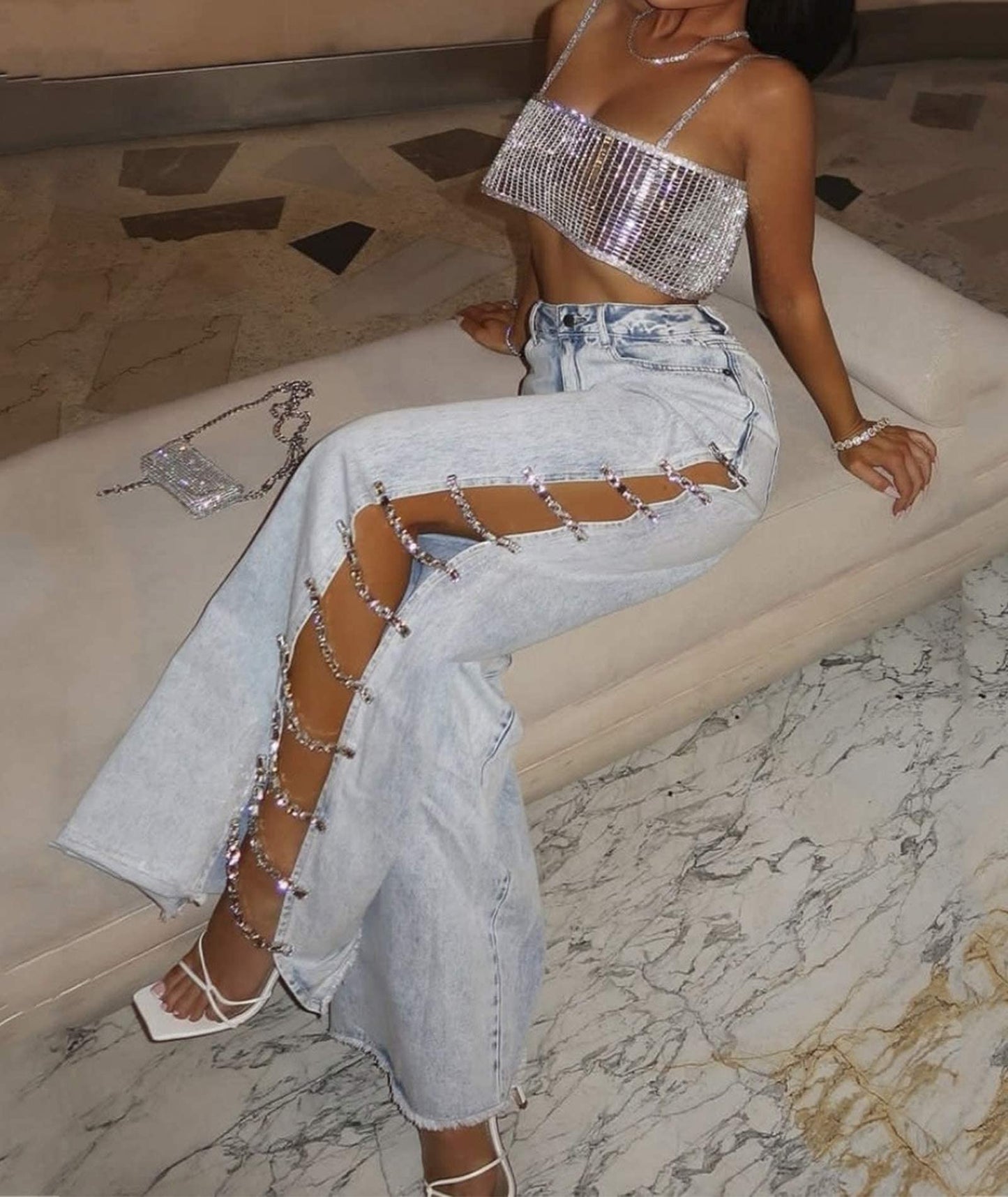 xxxiticat Women's Covered In Diamond Lace Up Jeans High Rise Wide Leg Rhinestone Bandage Fringe Hem Split Denim Trouser(BE,S)