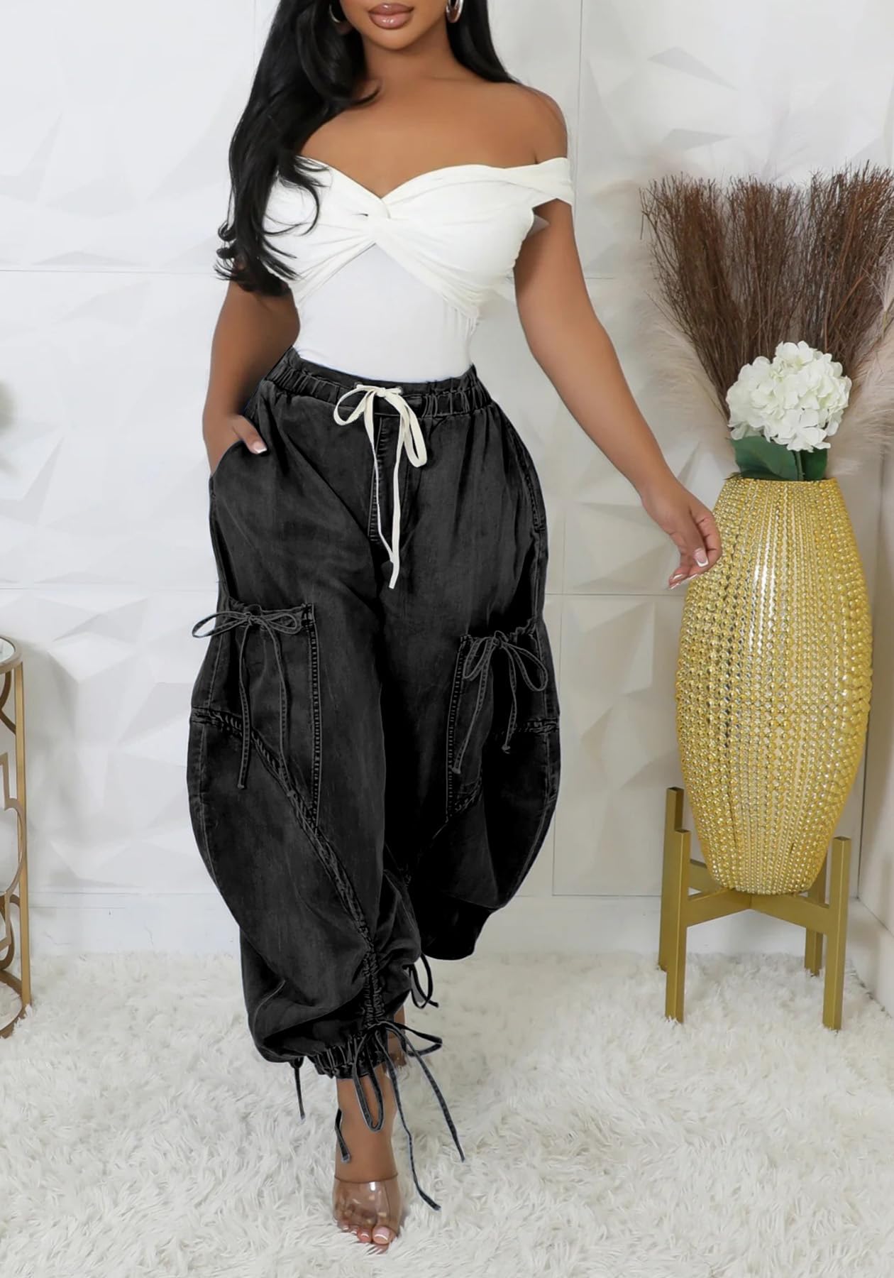 Unybwonn Women Baggy Barrel Jeans High Waisted Y2k Drawstring Bow Tie Cargo Jean Retro Wide Leg Ankle Denim Joggers