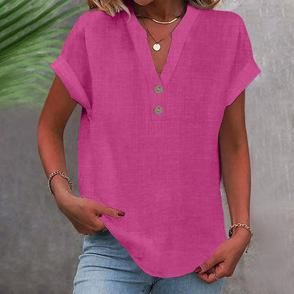 Big Spring Deals Summer Tops for Women 2025 Trendy Short Sleeve Cotton Linen Shirt Casual Button v Neck Tunic Blouses Outfits White Travel Shirts for Women M