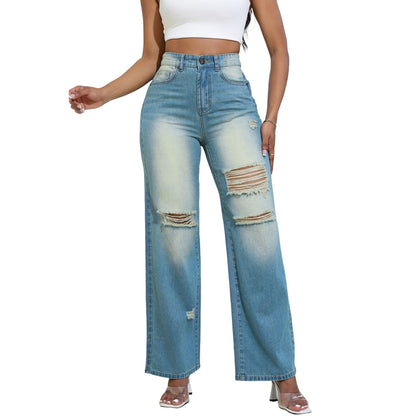 THUNDER STAR Womens High Waisted Wide Leg Jeans Stretchy Distressed Denim Pants Light Blue XXL