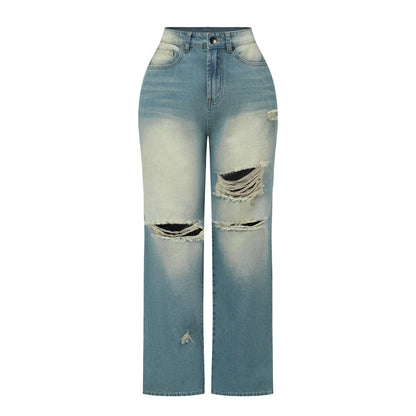 THUNDER STAR Womens High Waisted Wide Leg Jeans Stretchy Distressed Denim Pants Light Blue XXL