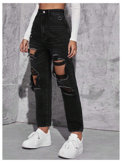 Floerns Women's High Waist Boyfriend Straight Leg Ripped Jeans Distressed Denim Pants Light Blue Large