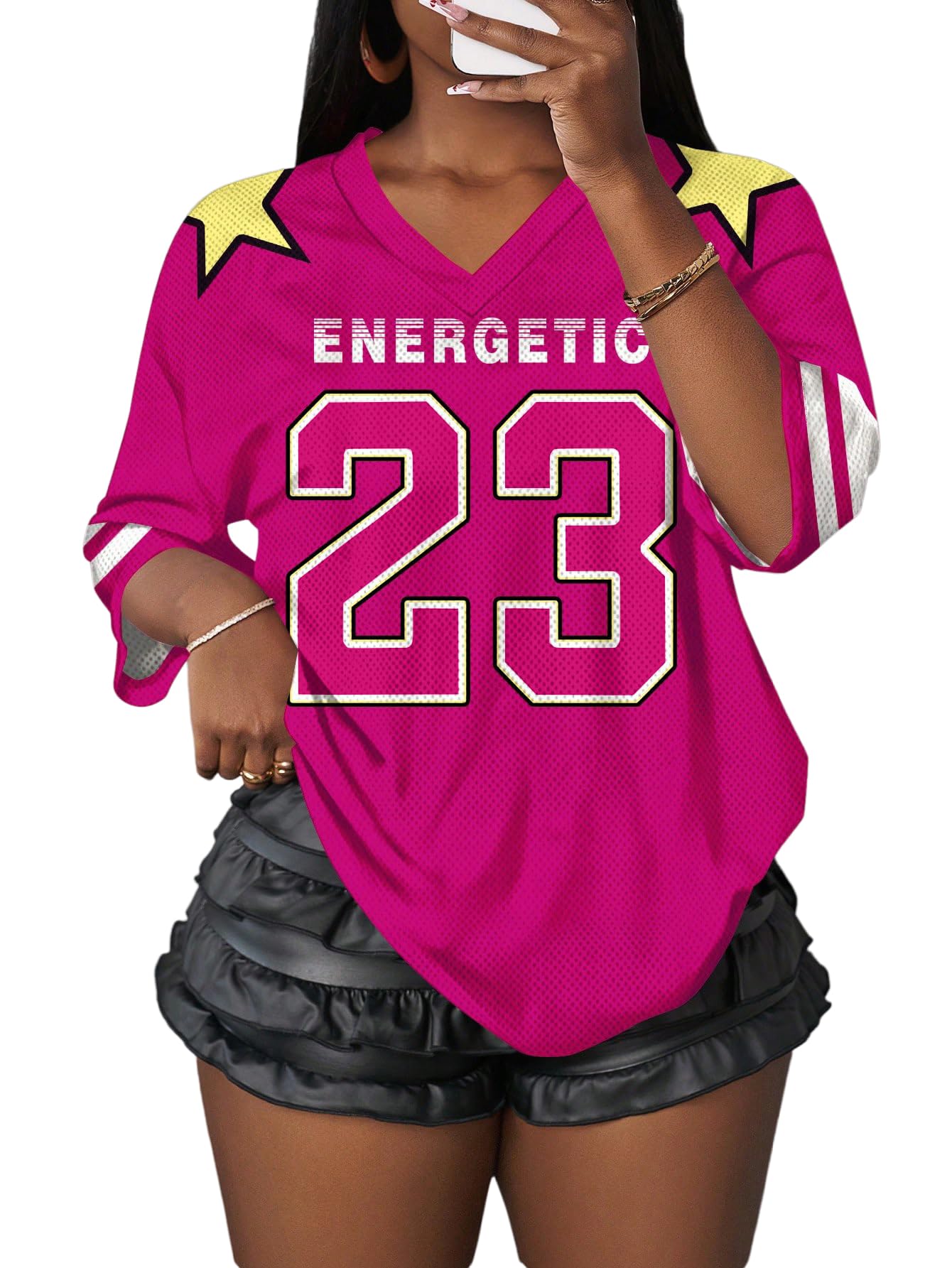 MakeMeChic Women's Jersey Shirts Number Graphic Oversized Y2K Tee Tops White Orange X-Small