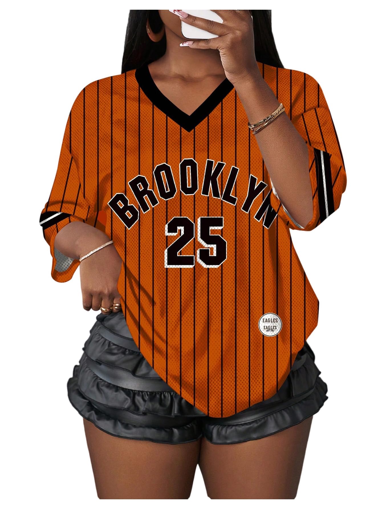 MakeMeChic Women's Jersey Shirts Number Graphic Oversized Y2K Tee Tops White Orange X-Small
