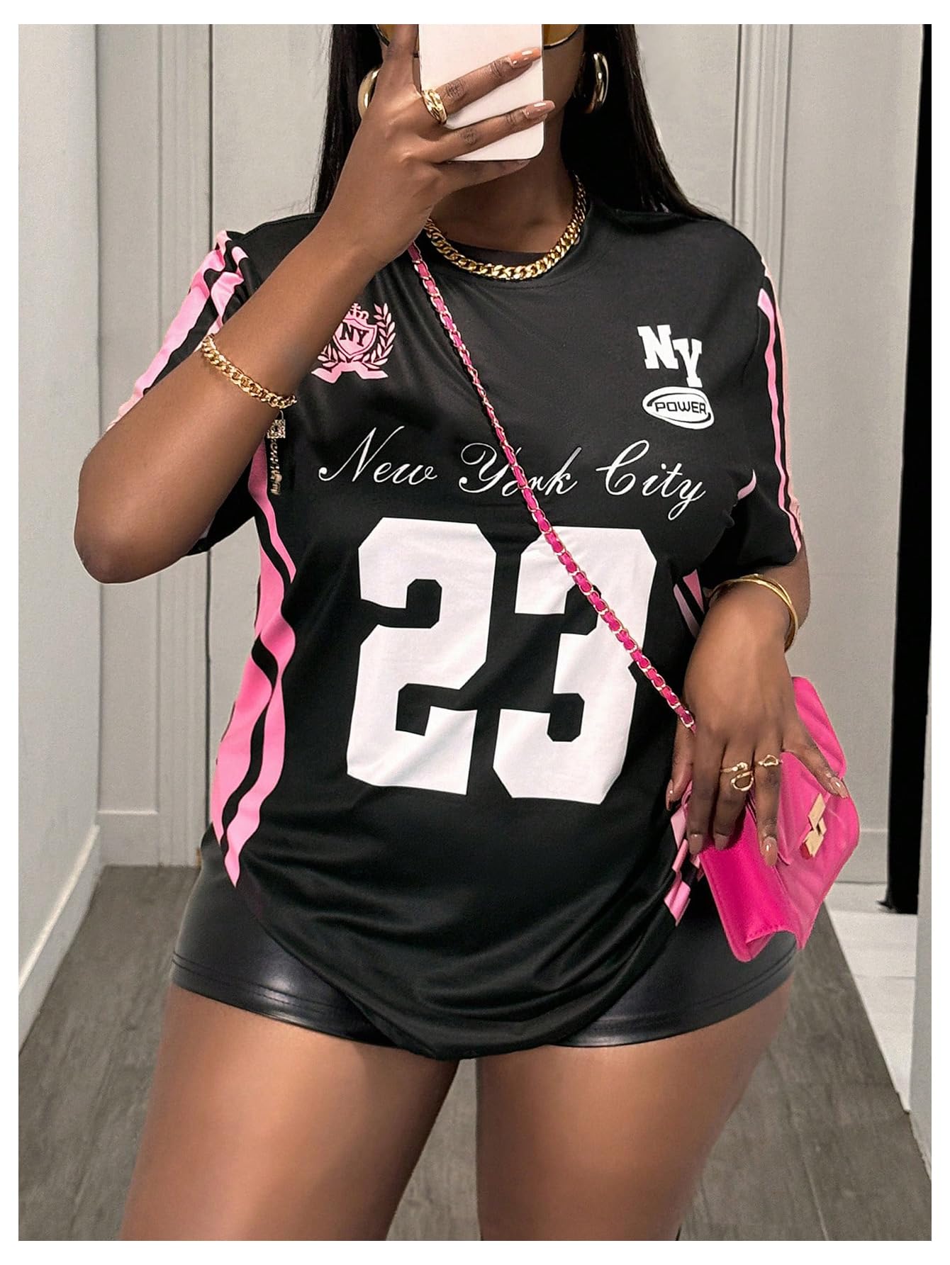 MakeMeChic Women's Jersey Shirts Number Graphic Oversized Y2K Tee Tops White Orange X-Small