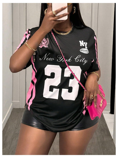 MakeMeChic Women's Jersey Shirts Number Graphic Oversized Y2K Tee Tops White Orange X-Small