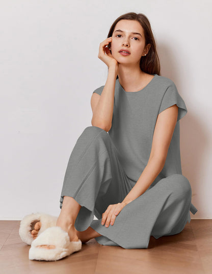 Ekouaer Lounge Sets for Women Two Piece Outfits Knit Cap Sleeve Tops Wide Leg Pleated Pants Casual Dressy Sweater Sets Beige