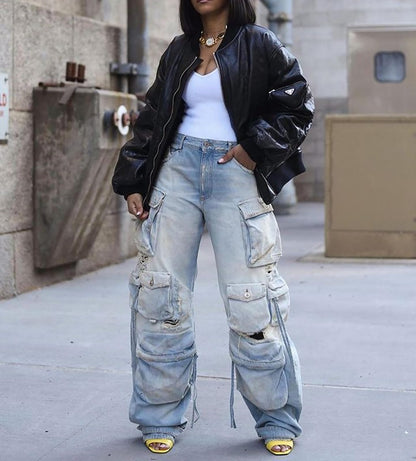 LKOUS Women's Y2K Baggy Straight Wide Leg Cargo Jeans, Streetwear High Waisted Denim Pant Grey