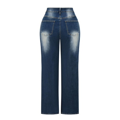 THUNDER STAR Womens High Waisted Wide Leg Jeans Stretchy Distressed Denim Pants Light Blue XXL